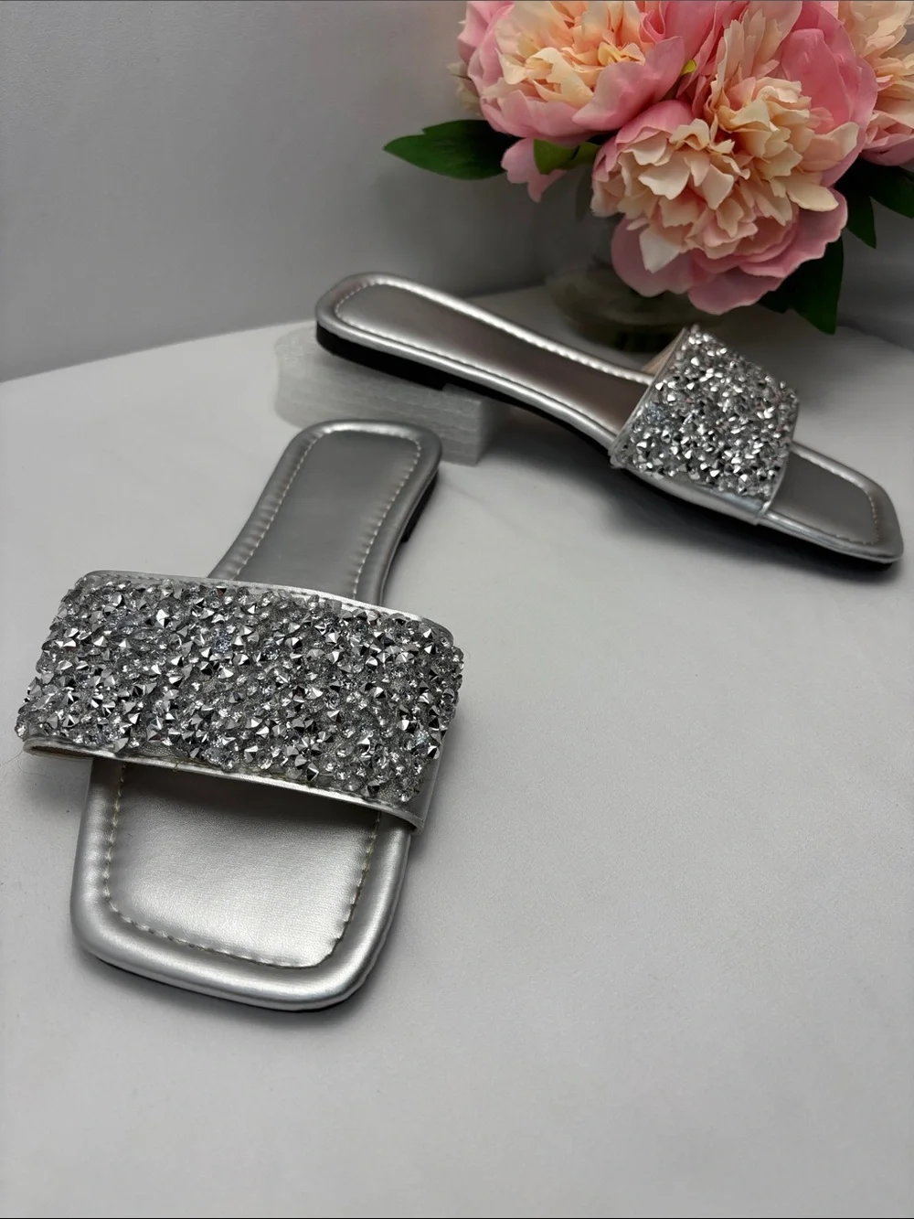 Fashion Womens 10 Silver‎ Bling Crystal Slide Sandals -  #444